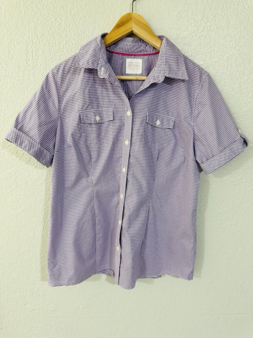 LL Bean Button Down Shirt Womens M Purple Gingham Plaid Short Sleeve Cotton